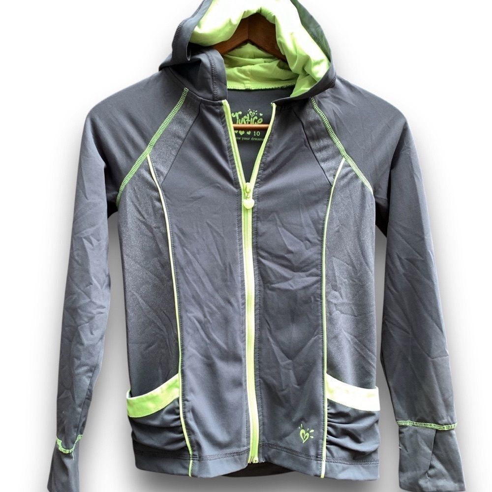 Justice Track Jacket Full Zip Grey Neon Green Lightweight Girl’s size 10